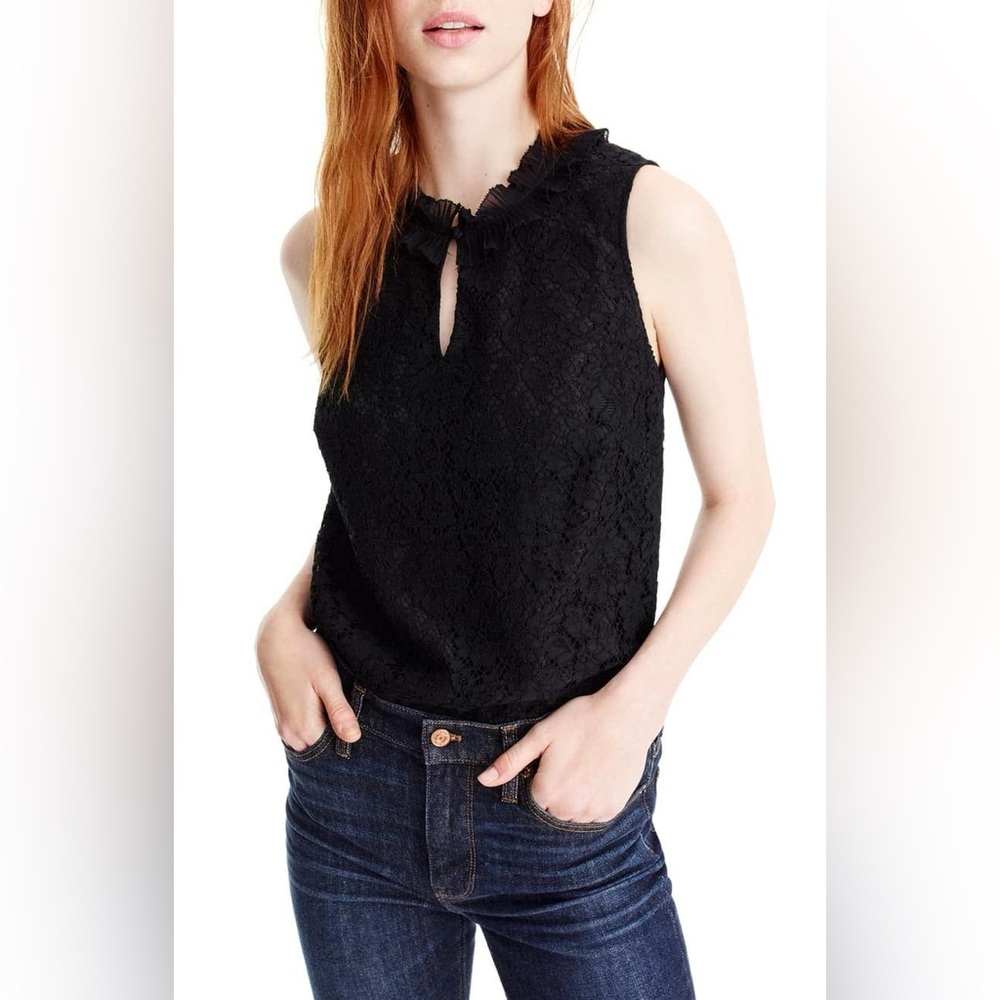 J Crew Women's Lace Ruffle Neck Top in Black Size XS Sleeveless Blouse Keyhole